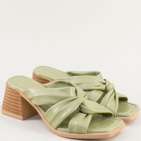 Зелени дамски чехли на ток от естествена кожа 417z
