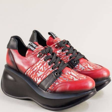 Червени дамски обувки на платформа от естествена кожа 422525chv