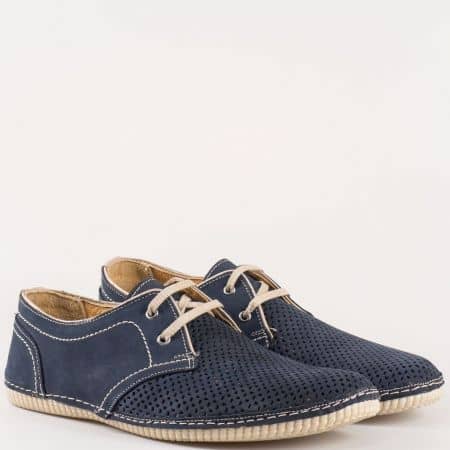 Мъжки удобни обувки за всеки ден с перфорация изработени от 100% естествен набук в син и бежов цвят 424821ns