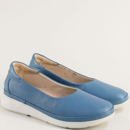 Кожени дамски обувки на равно ходило в син цвят 45020s