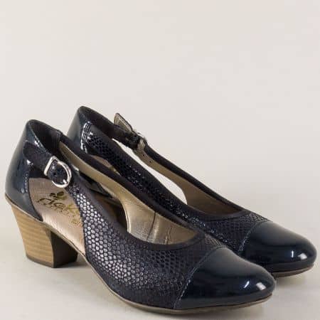 Сини дамски обувки от естествена кожа и лак на комфортен среден ток 45082s