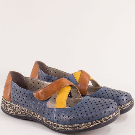 Сини дамски перфорирани обувки с цветни каишки Rieker 46308s