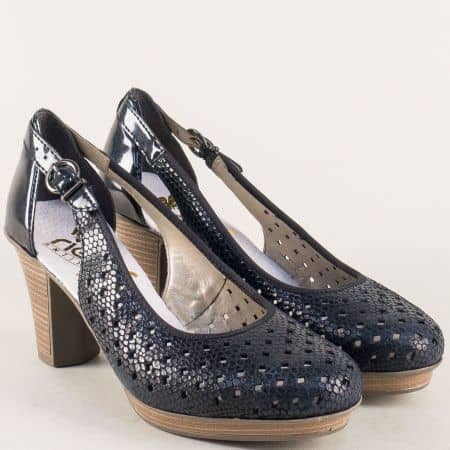Тъмно сини дамски обувки на висок ток от естествена кожа RIEKER 47387ts