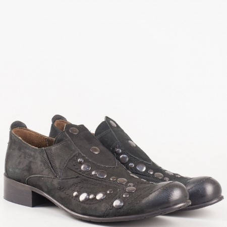 Дамски комфортни обувки изработени от 100% естествени материали - набук и кожа на български производител в черен цвят 4803vch