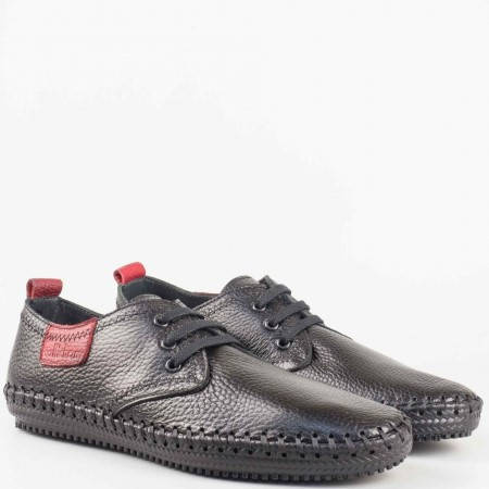 Мъжки качествени обувки за всеки ден произведени от 100% естествена кожа на шито ходило в черен цвят 501ch