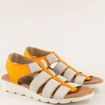 Естествена кожа дамски сандали на равно ходило в оранжев цвят от Испания 5071o