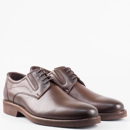 Мъжка кафява елегантна обувка от висококачествена естествена кожа с връзки и ластици  5153kk