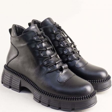 Дамски спортни боти в връзки и цип в черна кожа 5780ch