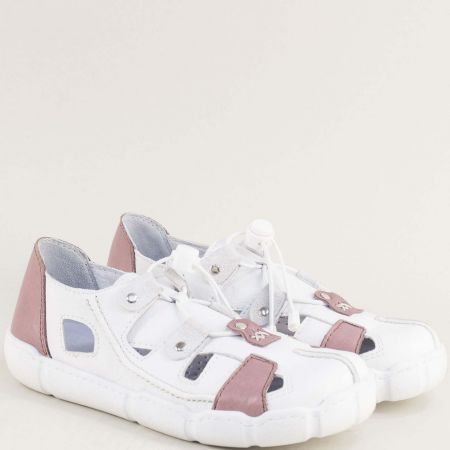 Модерни дамски обувки от бяла естествена кожа в комбинация с розово 587590brz