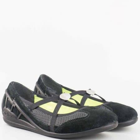 Дамски ежедневни обувки, тип балеринки, изработени в комбинация от естествен велур и еко кожа на швейцарската марка Rieker в черен цвят 59575vch