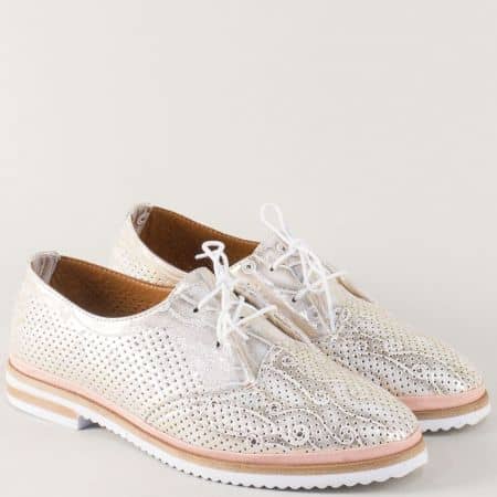 Кожени дамски обувки с връзки в розово и златисто 650011zl
