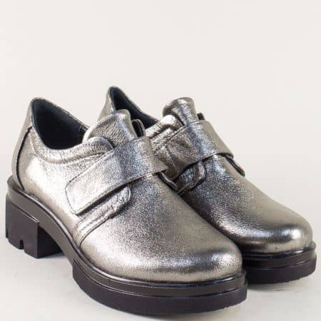 Сребърни дамски обувки на нисък ток естествена кожа 6508710sr