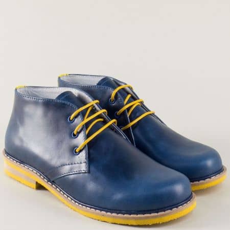 Кожени дамски обувки в син цвят с жълти връзки 69682s