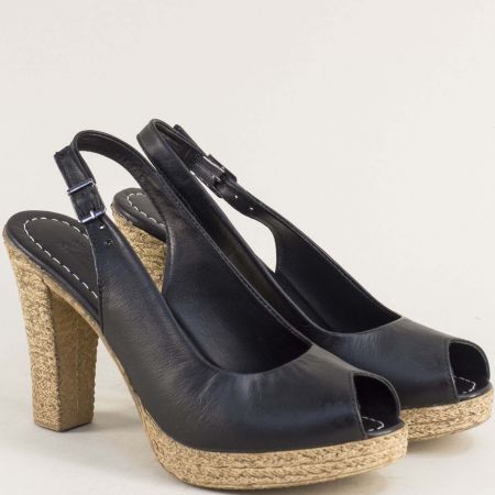 Стилни дамски сандали на ток и платформа в черна кожа 6978ch