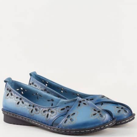 Дамски обувки за всеки ден, тип балерина, произведени от 100% естествена кожа с лазер в син цвят 706s