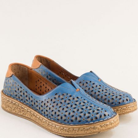 Сини дамски обувки от естествена кожа с лазерна перфорация 74071s