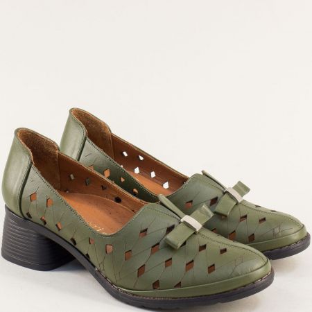 Зелени дамски обувки естествена кожа с декоративна панделка 74142z