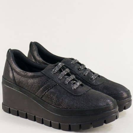 Дамски обувки от сатен и естествена кожа в черен цвят 7630sch1