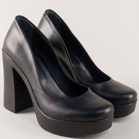 Кожени дамски обувки в черно на висок ток и платформа 76ch