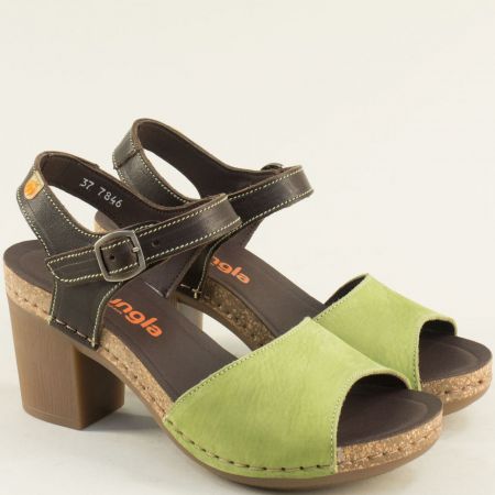 Jungla дамски сандали в зелен цвят с кожена кафява каишка 7846kz