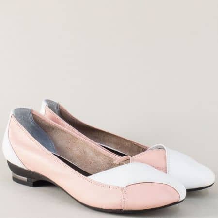 Кожени дамски обувки в бял и розов цвят на нисък ток 8003rz