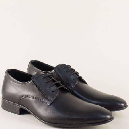 Кожени мъжки обувки с връзки и два ластика в черно 8015ch