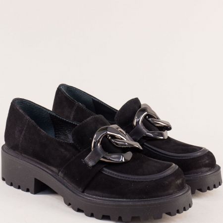 Черни дамски обувки с метален аксесоар от естествен велур 82761vch