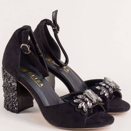 Ефектни дамски черни сандали на ток с камъни 834112vch