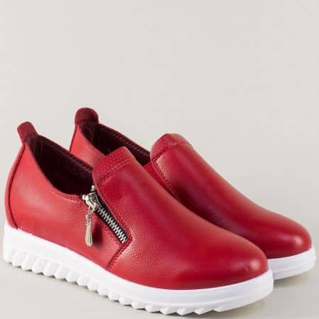 Червени дамски обувки на бяла платформа с цип и ластик 8825chv