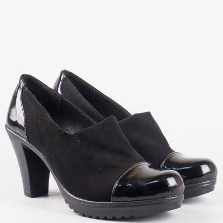 Дамски ежедневни обувки от стреч материал и лак с кожена стелка на български производител в черен цвят 89710285nchlch