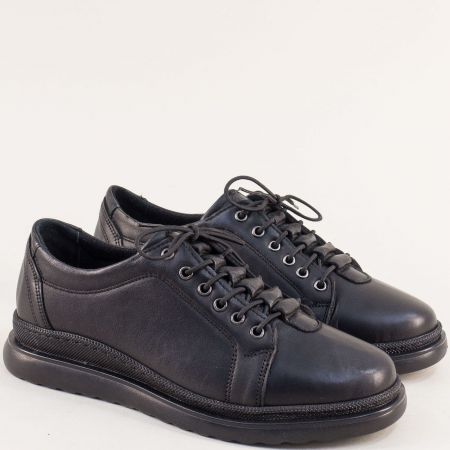 Комфортни дамски обувки естествена кожа в черно с връзки 9010ch
