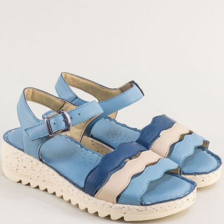 Дамски сандали на платформа естествена кожа в синьо и бежово 9042022sbj