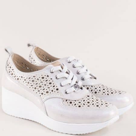 Бели дамски обувки с перлен блясък от естествена кожа 9168sb
