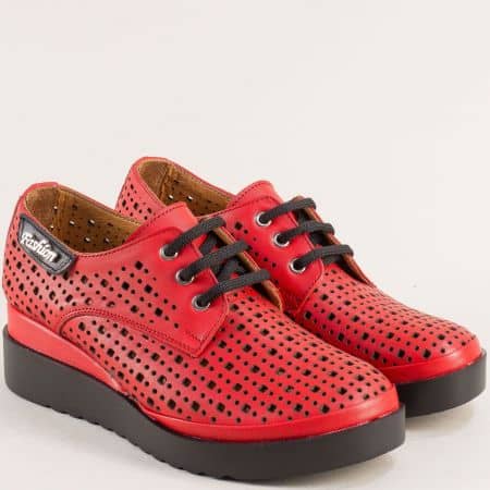 Дамски обувки с перфорация естествена кожа в червено 926315chv
