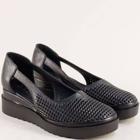 Черни перфорирани дамски обувки естествена кожа 9292ch