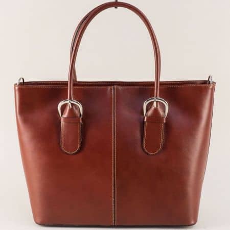 Кафява дамска чанта с три прегради от естествена кожа a070k