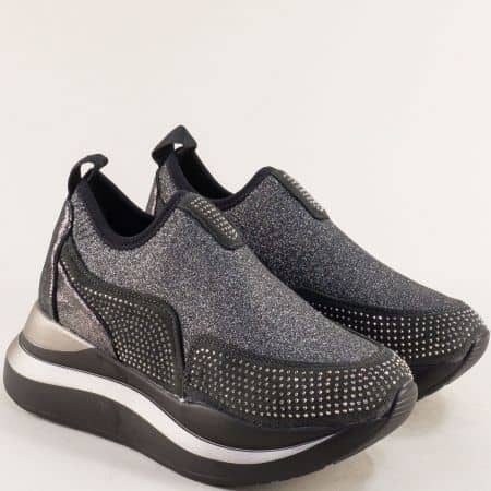 Модерни дамски обувки на платформа с камъчета в сив текстил a9839sv