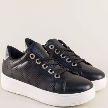 Спортни дамски обувки на платформа от висококачествена кожа в черен цвят abc267ch