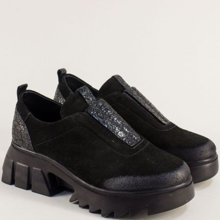 Велурени черни дамски обувки на платформа  b1201vch