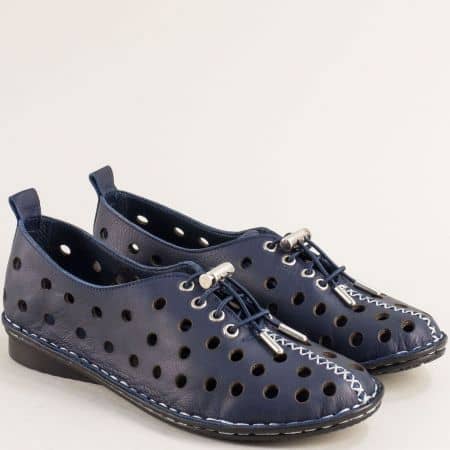 Перфорирани дамски обувки естествена кожа в сино b777ts