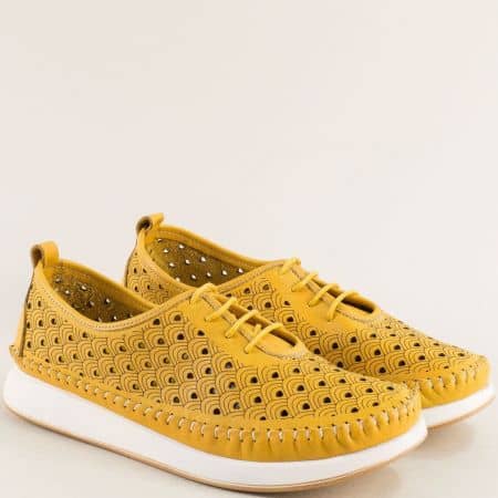 Дамски обувки с връзки естествена кожа в жълто bo02j1
