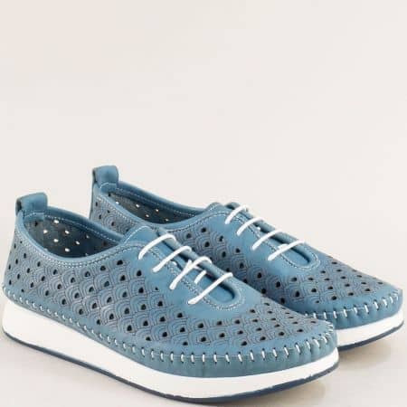 Перфорирани сини дамски обувки от естествена кожа bo02s
