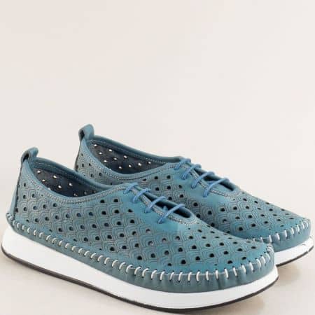 Дамски обувки с дупки естествена кожа в син цвят bo02s1