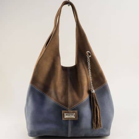Дамска чанта тип торба с къса дръжка в син и кафяв цвят ch0109ps