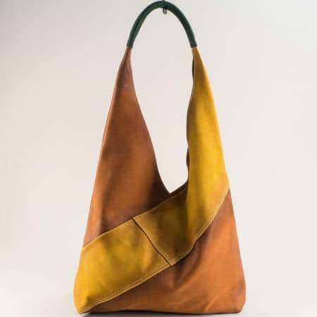 Модерна дамска чанта от естествена кажа в жълто и кафяво ch0209ps