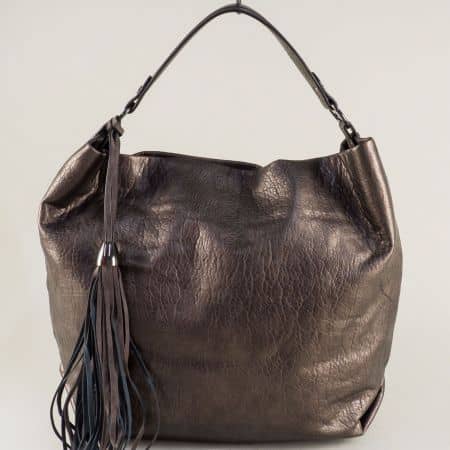 Бронзова дамска чанта, тип торба с къса дръжка и пискюл ch028brz