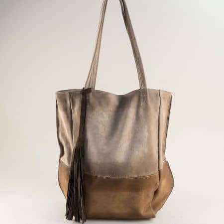 Дамска чанта тип торба в кафяв и сив цвят от естествена кожа ch0309ps
