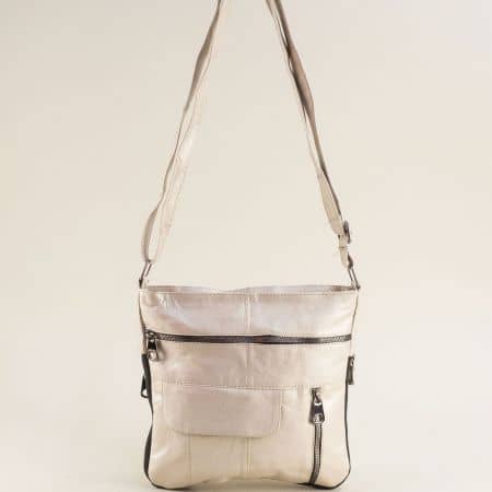 Дамска чанта в бежова кожа с предно и задно джобче ch0506bj
