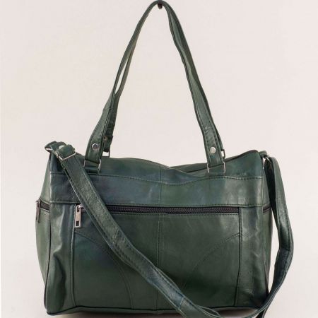 Естествена кожа дамска чанта в зелено с къса и дълга дръжка ch0510z