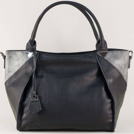 Модерна дамска чанта в сив и черен цвят с две прегради ch0599sv